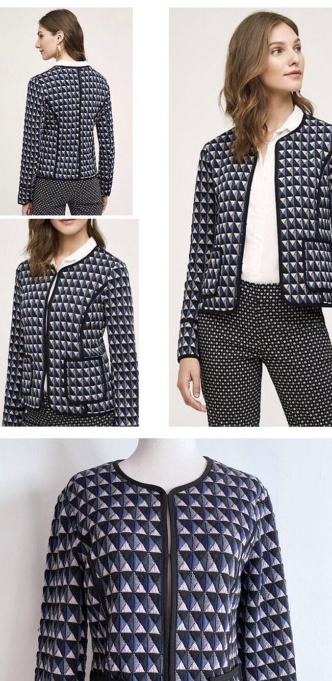 Hei Hei Vala Jacket Blazer Black Blue Gray Geometric Print Quilted Pockets Sz Lg